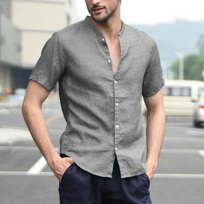 

Toponeto Mens Baggy Cotton Linen Solid Short Sleeve Button Retro T Shirts Tops Blouse