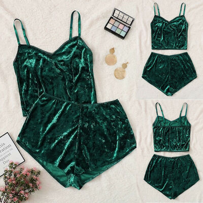 

Womens Underwear Sexy Lingerie Pajamas Velvet Crop Tops Bralette&Panty Sets