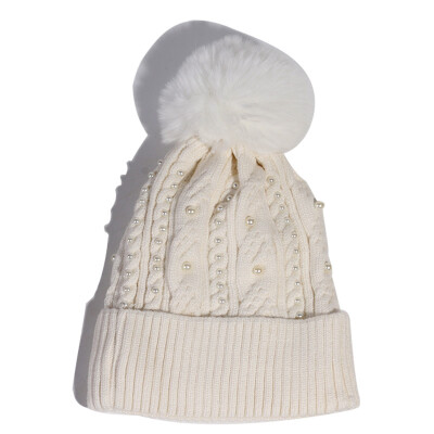 

Hat Womens autumn&winter Korean pearl wool hat thickened&fluffy ball Pullover hat outdoor warm knit hat tide