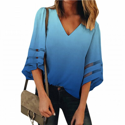 

Gradient shirt Womens V-neck bell-shaped cropped sleeves loose top