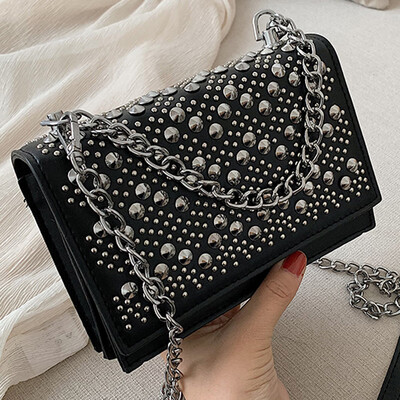 

North bag chic small bag woman 2019 new personality chain single shoulder bag oblique bag retro rivet small square bag