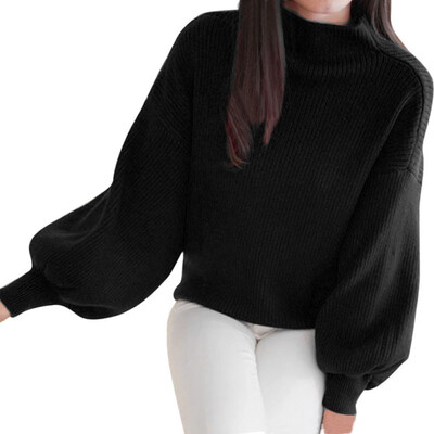 

〖Follure〗Women Lantern Sleeve Knit Sweater Jumper Loose Turleneck Outwear Top Blouse BK