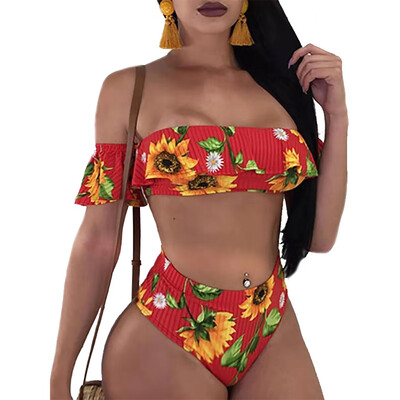 

Roseonmyhand Women High Waist Print Swimwear Ruffle Swimsuit Push Up Padded Bikini