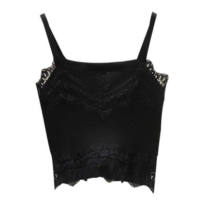 

Women Versatile Sleeveless Off Shoulder Slim Solid Color Sexy Lace Stitching Top