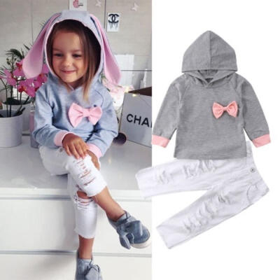 

Kids Baby Girls Cotton Top Sweater Denim Hole Pants Leggings Outfits Set Clothes