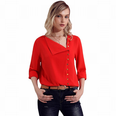 

Solid color lapel asymmetric button long sleeve casual white collar blouse top