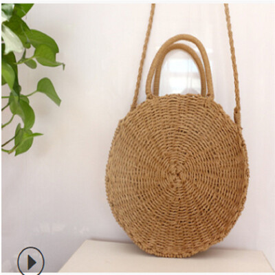 

2018 New Style Fashion Straw Retro Bag Rattan Woven Round Zipper Handbag Vintage Knitted Messenger Solid Bag