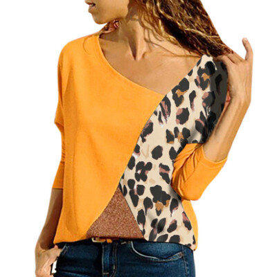 

Womens Fashion Casual Blouse Long Sleeve Leopard Contrast Color T-shirt Tops