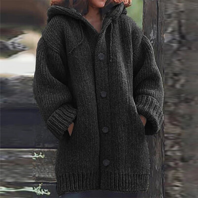 

Women Knitted Button Cardigan Coat Ladies Winter Warm Hooded Tops Jumper Sweater
