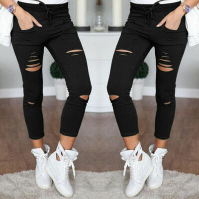 

Women Skinny Faded Ripped Holes Denim Jeans Nith Pants High Waist Stretch Slim Fit Pencil Trousers Leggings