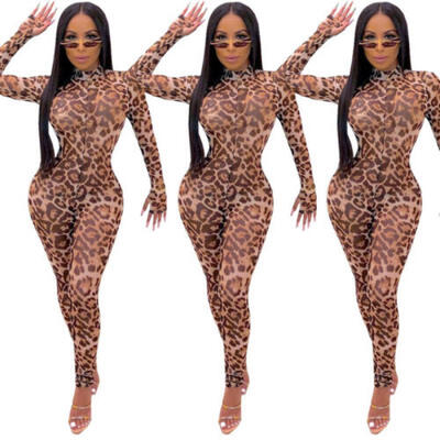 

Womens long sleeve Leopard Mesh Clubwear Party Playsuit Casual Jumpsuit Romper