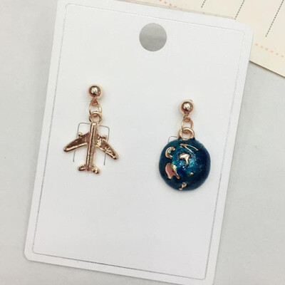 

2019 New Korean Japan Lovely Blue Universe Planet Star Moon Rocket Aircraft Stud Earrings for Women Girl Gift