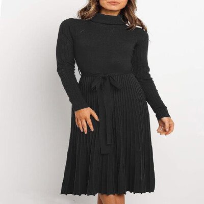 

Long Sleeves Solid Mock Neck Bottom Sawtooth Midi Skater Dress Belt Included