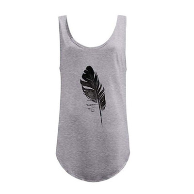 

Sexy Summer Womens T-Shirts Feather Print Casual Vest Top Sleeveless O Neck Shirts Female Tees Femme Feminina