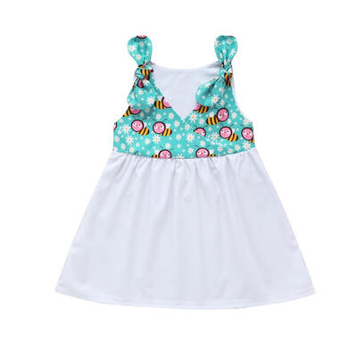 

Summer Cartoon Bee Print Girls Kids Sleeveless Pastoral Style V-Neck Dress