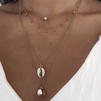 

Women Necklaces Beads Fringe Shell Pearl Round Geometry Pendant Clavicle Chain Multilayer Gold Necklace Set Dance Party Jewelry