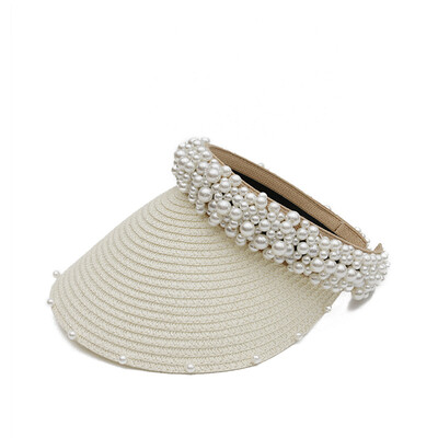 

spring&summer new hat womens summer knitted sun-shading cap hand-made pearl empty top straw hat travel beach cap