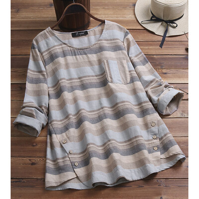 

Starmoon Women Casual Plus Size Stripe Loose Linen Button Tunic Shirt Blouse Tops