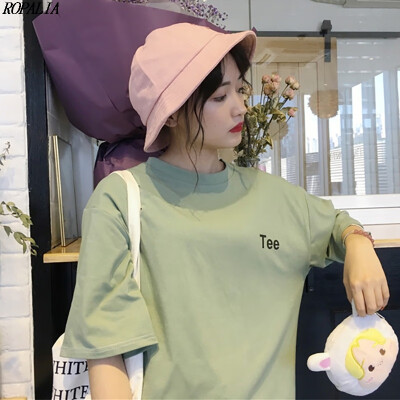 

Womens Letter Print Short Sleeve Loose Pullover Simple T-Shirt Korean Style O-Neck Casual Cotton Blend T-Shirts