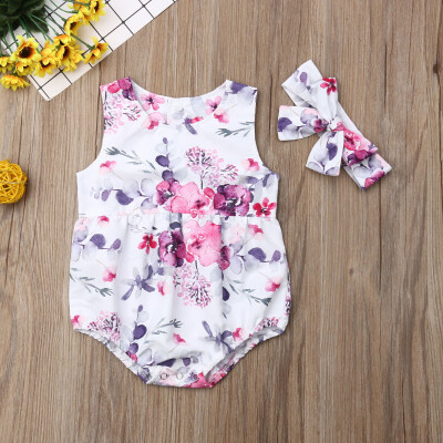 

Toddler Baby Girls Summer Floral Sleeveless Romper Headband Outfits Bodysuit Set