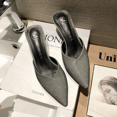 

Small fresh Baotou half slippers 2019 spring Joker new thin-heeled high-heeled slippers women wear bright pointed summer