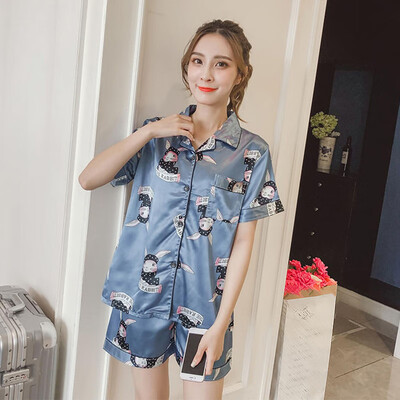

Womens Ladies Sleepwear Set Cartoon Printed Short Sleeve Buttons Loose Pajamas