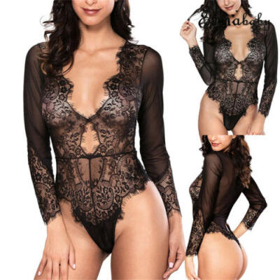 

Womens Long Sleeve Deep V Neck Lace Bodycon Party Bodysuit Jumpsuit Leotard Tops