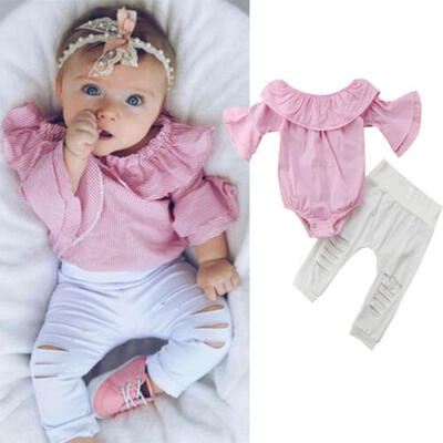 

Newborn Kid Baby Girls Off Shoulder Romper Bodysuit Ripped Pants Outfit Clothes