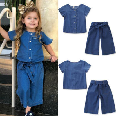 

US 2PCS Toddler Kids Baby Girl Summer Clothes Solid TopsPants Overall Outfits