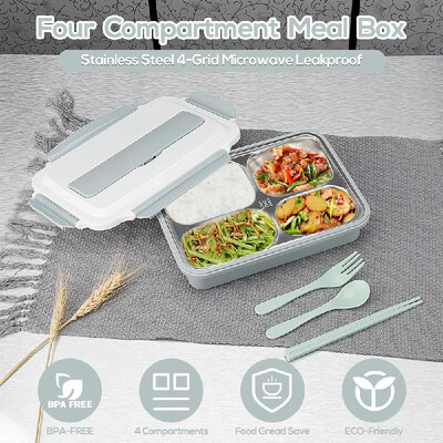 

304 Stainless Steel Lunch Box 4-Grid Microwave Leakproof Four Compartment Meal Box with Free Tableware Set for Students Office Pic