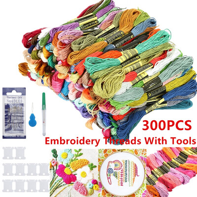 

50100300 Colors Embroidery Thread Hand Cross Stitch Floss Sewing Skeins Craft Knitting with Punch Needles Sewing Set Tool
