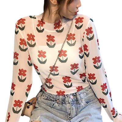 

T-shirt Women Summer Casual Flower Printed Bottom Shirt Long Sleeve T-shirt Female Tops