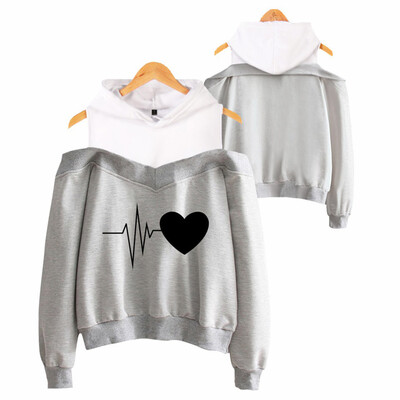 

Tailored Women Off Shoulder Heart Print Loose Hooded Sweatshirt Fake Two-Piece Blouse