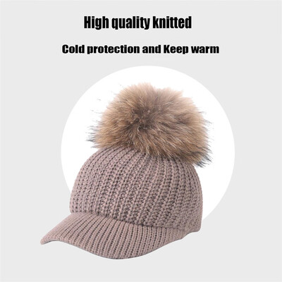 

Tailored Women Autumn Winter Outdoor Warm Fur Ball Hats Crochet Knit Holey Beanie Cap