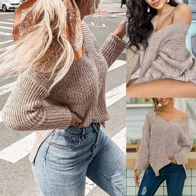 

〖Follure〗Plus Size Womens Solid V-Neck Long Sleeve Irregular Pullover Knit Sweater Top
