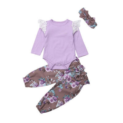 

Newborn Baby Toddler Kids Girls Flower Lace Cotton Top Romper Pants Outfits Clothes Set