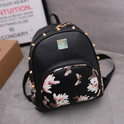 

26 X 27 X 13cm Womens Rivet Backpack Stylish Print PU Leather Satchel Bag