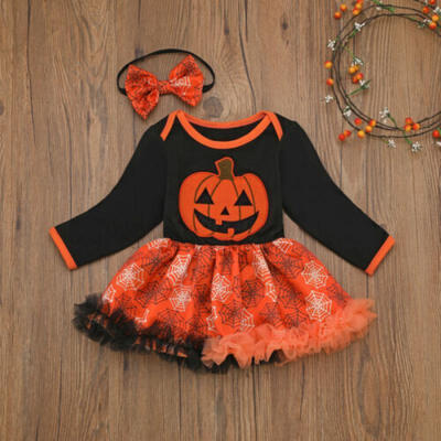 

Newborn Baby Girl Pumpkin Romper Dress Tutu Skirt Headband Halloween Outfits USA