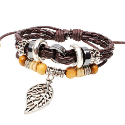 

Punk Fashion Bracelet beaded jewelry bracelet wooden beads braided leather bracelet alloy Maple Leaf bracelets for women&Man