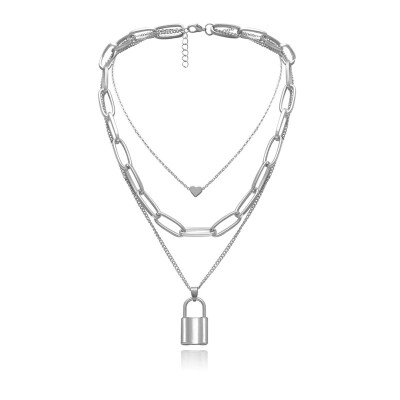 

Multi Layer Lover Lock Pendant Necklace Punk GoldSilver Padlock Heart Long Chain Choker Fashion Charm Women Statement Jewelry