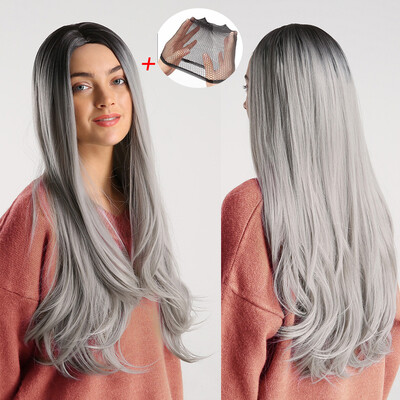 

〖Follure〗Natural Gradient Grey Wig Long Curly Hair Synthetic Wig Fashion Wavy Wigs Cap