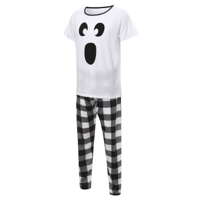 

Toponeto Halloween Men Short Sleeve Cartoon TopsPlaid Pants Family Clothes Pajamas Set