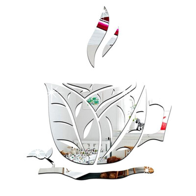 

9pcsset 3D Mirror Wall Sticker DIY Leaf Coffee Cup Bedroom Decor Silver
