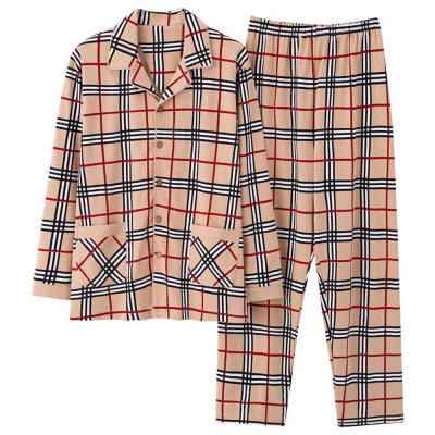 

Mens Knitted Cotton Plaid Pajamas Set Button Down Pocket Long Sleeve Pajama With Pants For Autumn