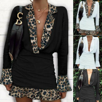 

US Women Deep V Neck Lapel Shirt Dress Ruffle Cuff Mini Leopard Solid Work Dress