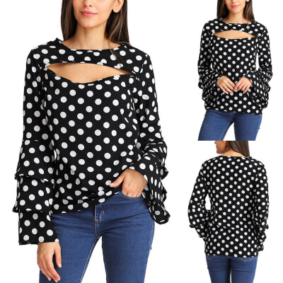 

Nomeni Womens Fashion Casual Flare Sleeve O-Neck Dot Print Ruffles Chiffon Blouse Tops