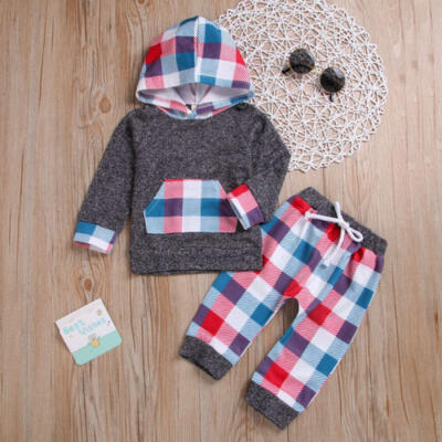 

Newborn Kids Baby Boys Cotton Hoodie Paild Tops Pants Leggings Winter Outfit Set