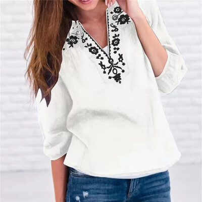 

Plus Size Women Long Rolled Sleeve Zipper V Neck Shirt Casual Floral Print Tops