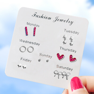 

EK490 6 Pairs Stud Earrings for Women Stars Heart Crystal Cute Earrings Set Fashion Jewelry Monday To Saturday Earring Brincos