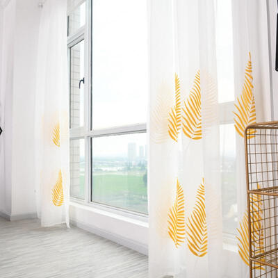 

Greensen Perforated Type Sheer Curtains Golden Leaf Embroidered Window Curtain For Bedroom